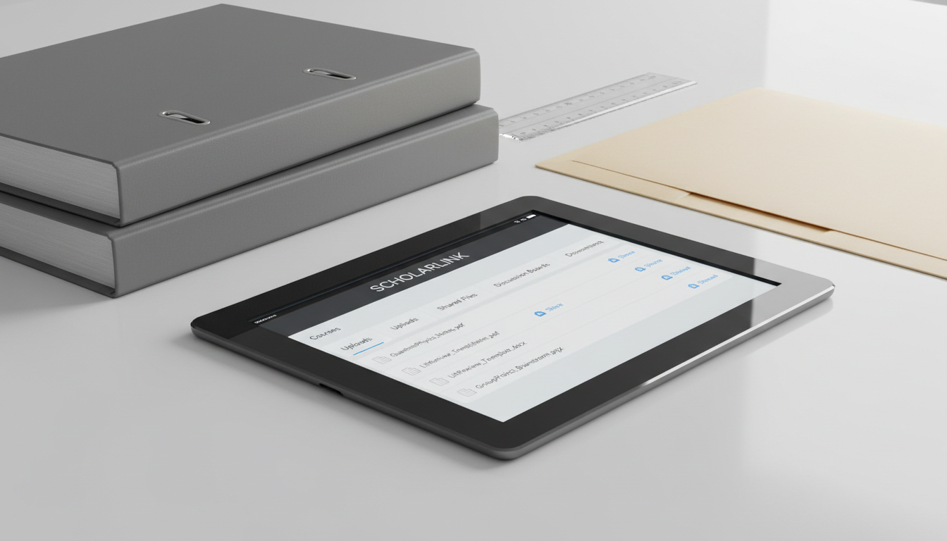 A polished dark glass tablet displaying an academic resource-sharing platform interface, set against a backdrop of organized, neutral-toned study essentials—stacked graphite gray binders, a translucent clear ruler, and a muted beige folder. The subtle reflection of the tablet adds depth to the clean, flat workspace. Gentle morning light streams across from the right, producing soft highlights along the device’s edge and subtle, controlled shadows beneath. Captured from a three-quarters angle, framed by the rule of thirds, the image radiates an air of focus and collaboration. The photographic realism and corporate, clean composition reinforce the idea of effective, secure student communication.