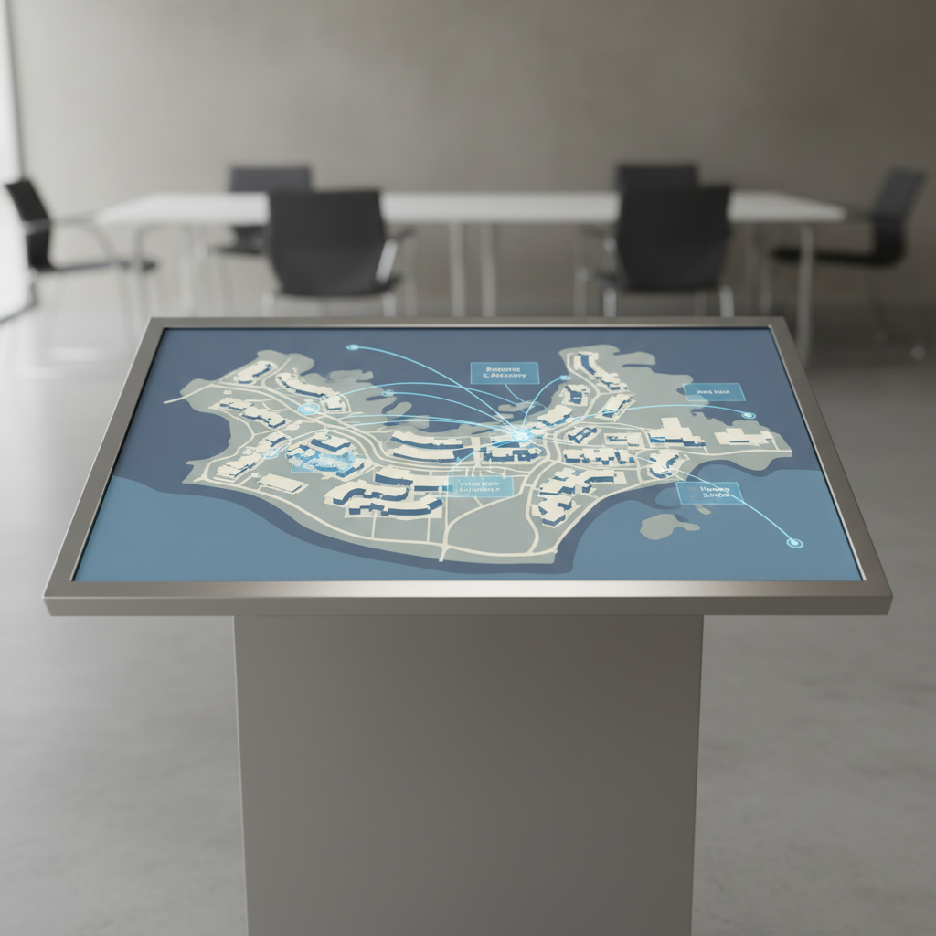 A clean, stylized map of the CSUCI campus rendered in muted blue-gray and ivory tones, with transparent overlays highlighting major academic buildings and network connection lines elegantly linking different locations. The map is displayed on a brushed steel display plinth, set within a neutral, uncluttered environment reminiscent of a modern study lounge with structured furniture outlines in the blurred background. Soft, indirect daylight creates a comfortable, diffused glow across the map surface, eliminating harsh shadows. Captured from a bird’s-eye perspective with perfectly centered composition, the mood is efficient and collegiate. This photographic, minimalist rendering supports site navigation and campus-specific collaboration.