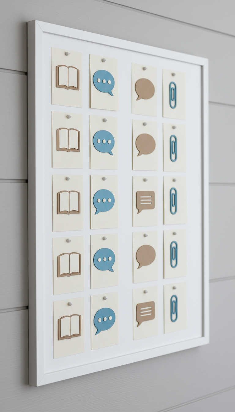 A pristine white bulletin board featuring neatly organized paper cards, each card embossed with raised icons for collaboration—books, message symbols, and paper clips—in muted taupe and cobalt accents. The board is mounted on a smooth, dove-gray wall with subtle horizontal grain, surrounded by a clean border that creates visual balance. Overhead diffused studio lighting gently illuminates the board, providing even, soft illumination that highlights the subtle textures and crisp lines of each card. Framed with a slightly elevated angle and shallow depth of field, achieving a sophisticated, inviting mood. The minimalist, photographic style underscores academic sharing and structured interaction, well-suited for a campus student network.