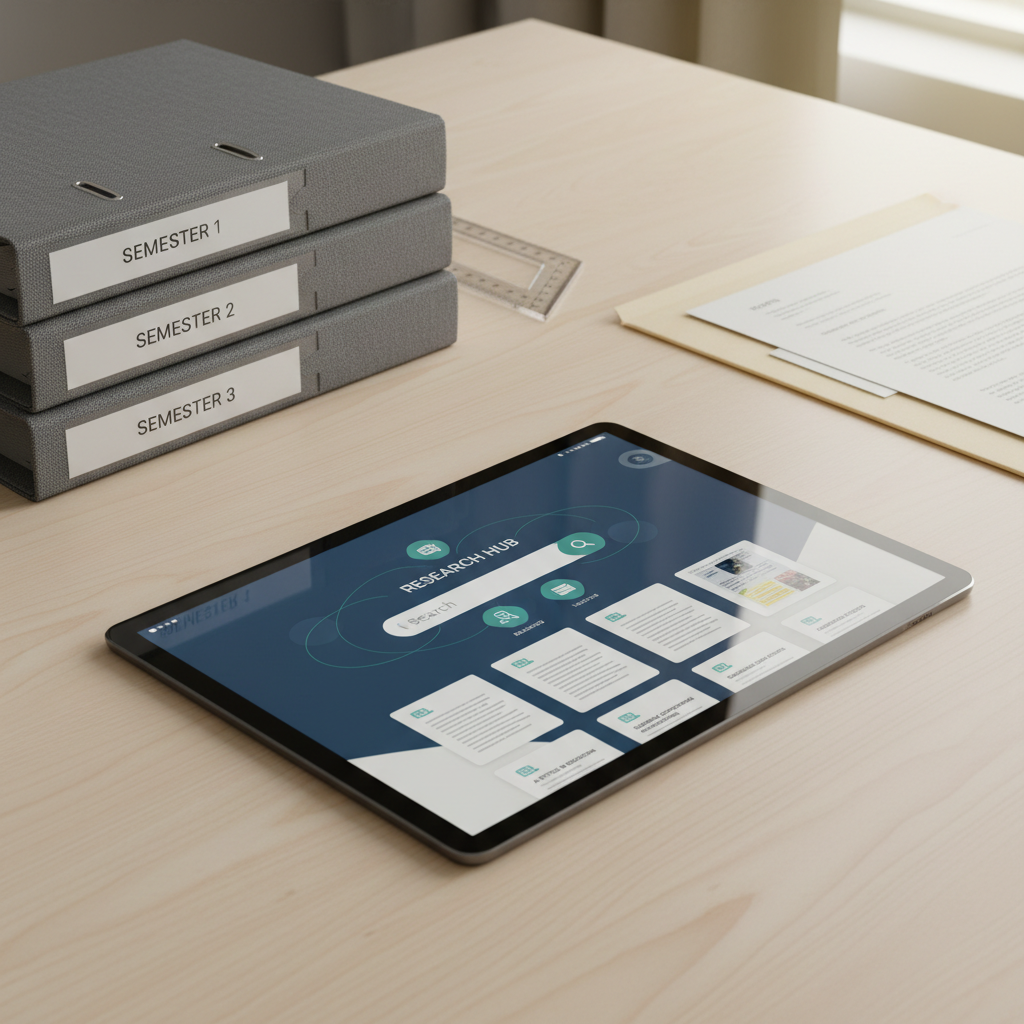 A polished dark glass tablet displaying an academic resource-sharing platform interface, set against a backdrop of organized, neutral-toned study essentials—stacked graphite gray binders, a translucent clear ruler, and a muted beige folder. The subtle reflection of the tablet adds depth to the clean, flat workspace. Gentle morning light streams across from the right, producing soft highlights along the device’s edge and subtle, controlled shadows beneath. Captured from a three-quarters angle, framed by the rule of thirds, the image radiates an air of focus and collaboration. The photographic realism and corporate, clean composition reinforce the idea of effective, secure student communication.