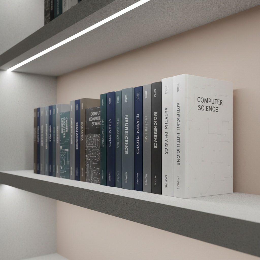 A set of immaculately aligned hardcover textbooks with semi-gloss dust jackets in coordinated shades of gray, navy, and white, each labeled with modern, minimalist typography for various academic majors. The books rest on a finely textured, light concrete shelf with defined edges, against a smooth backdrop of soft beige. Overhead LED lighting casts crisp, professional highlights on the book spines and subtle, linear shadows behind, enhancing clarity and structure. Photographed at a slight side angle to show the line of books stretching into the frame, the composition feels balanced yet dynamic. The atmosphere is scholarly and organized, evoking academic connection within a secure network.